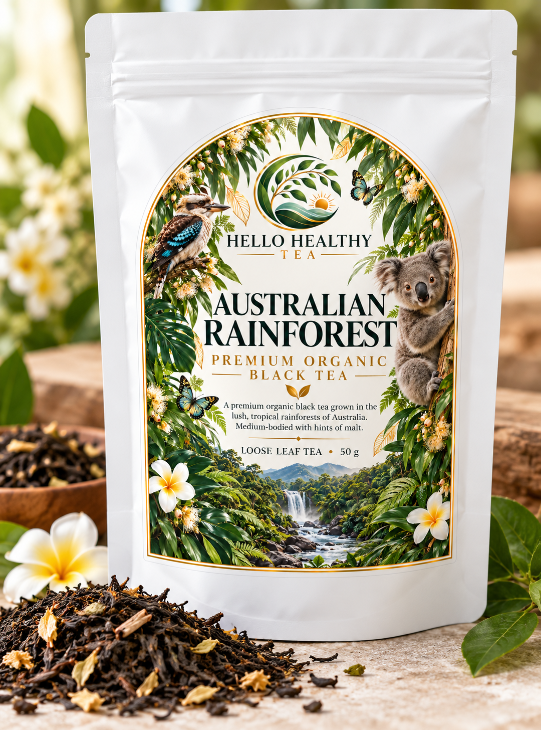 Australian-grown rainforest black tea with loose tea leaves beside Hello Healthy Tea pouch