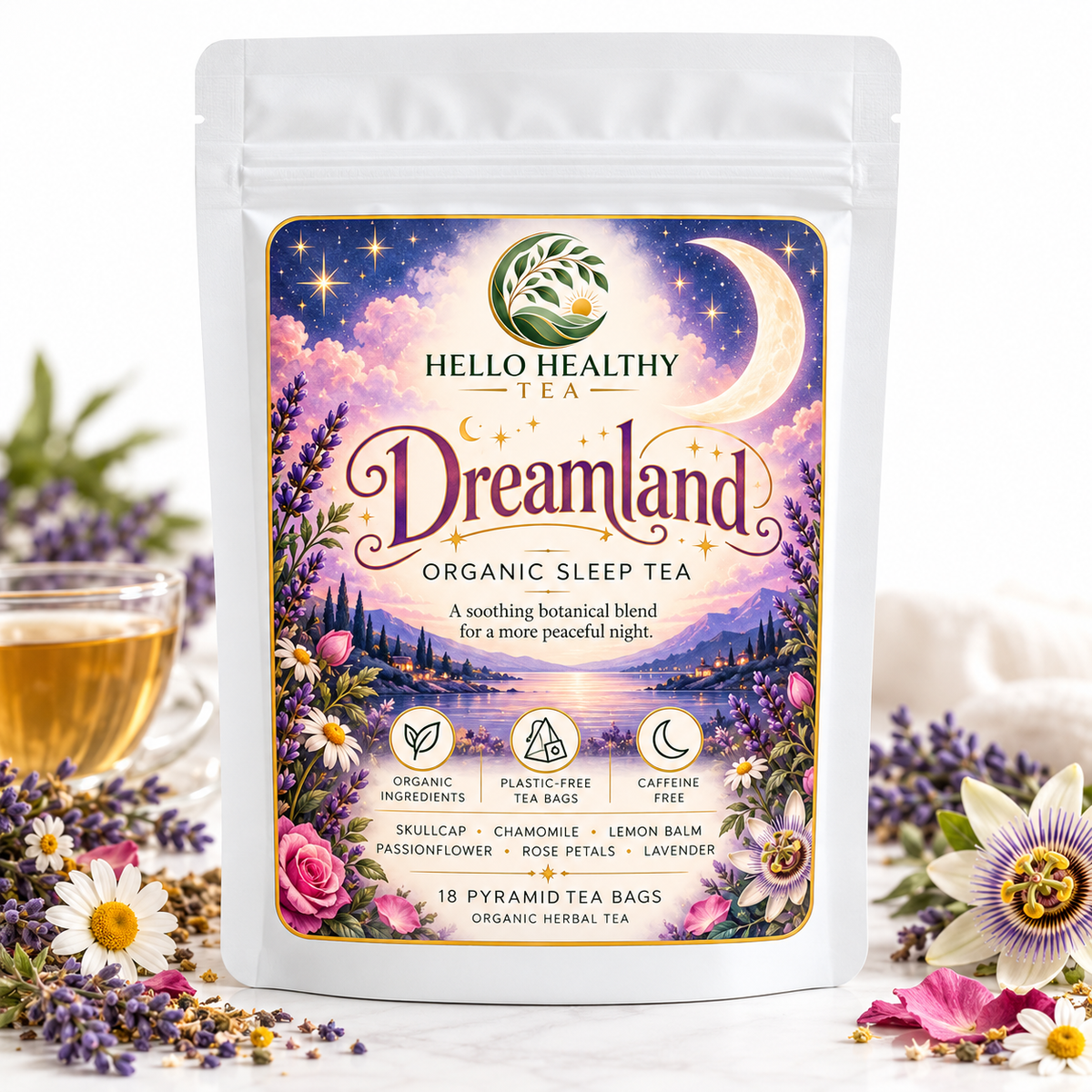 Dreamland Organic Sleep Tea | Calming Herbal Bedtime Tea – 18 Plastic-Free Pyramid Tea Bags