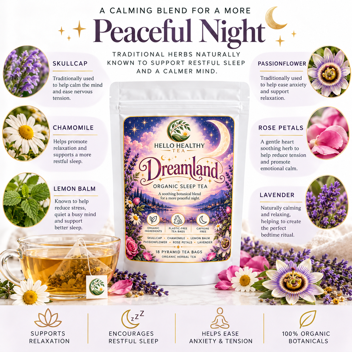 Dreamland Organic Sleep Tea | Calming Herbal Bedtime Tea – 18 Plastic-Free Pyramid Tea Bags