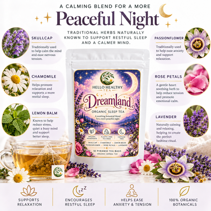 Dreamland Organic Sleep Tea | Calming Herbal Bedtime Tea – 18 Plastic-Free Pyramid Tea Bags