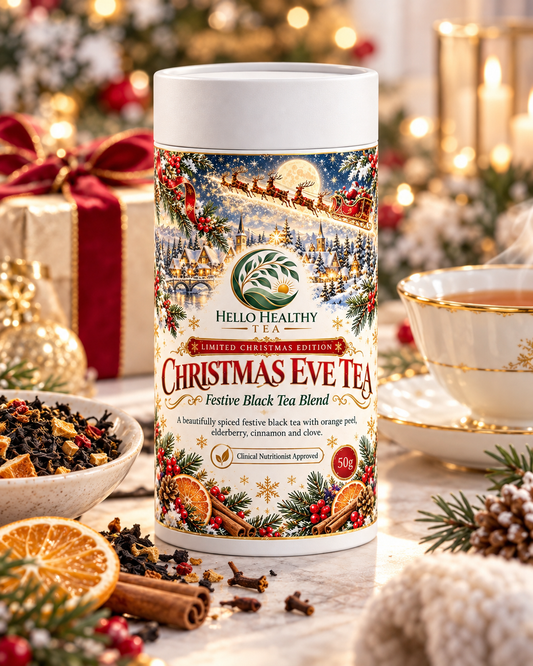 Christmas Eve Tea by Hello Healthy Tea, premium festive black tea with orange, cinnamon, clove and elderberry, 50g.